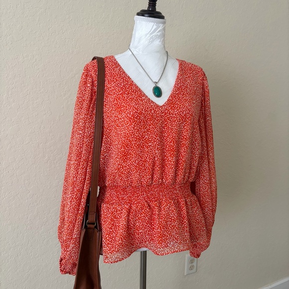 Sam And Jess Tops - Sam & Jess Orange Floral Smocked Waist Peplum Blouse XL Boho Balloon Sleeve